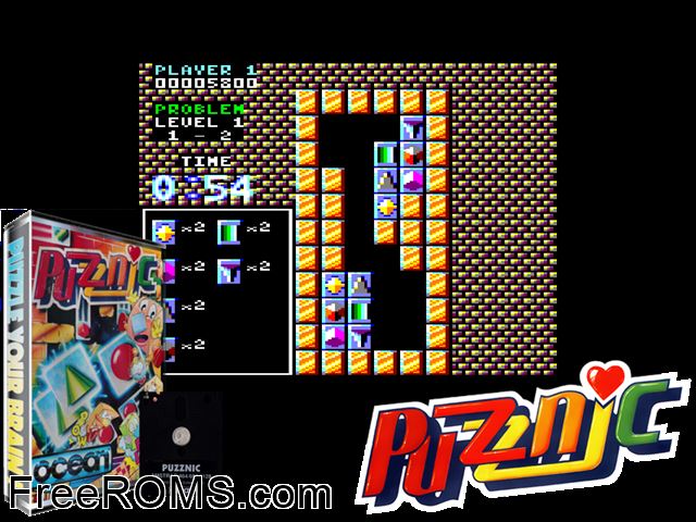 Puzznic (UK) (1989) [a1] Amstrad CPC game showing 3D box cover and gameplay screenshot